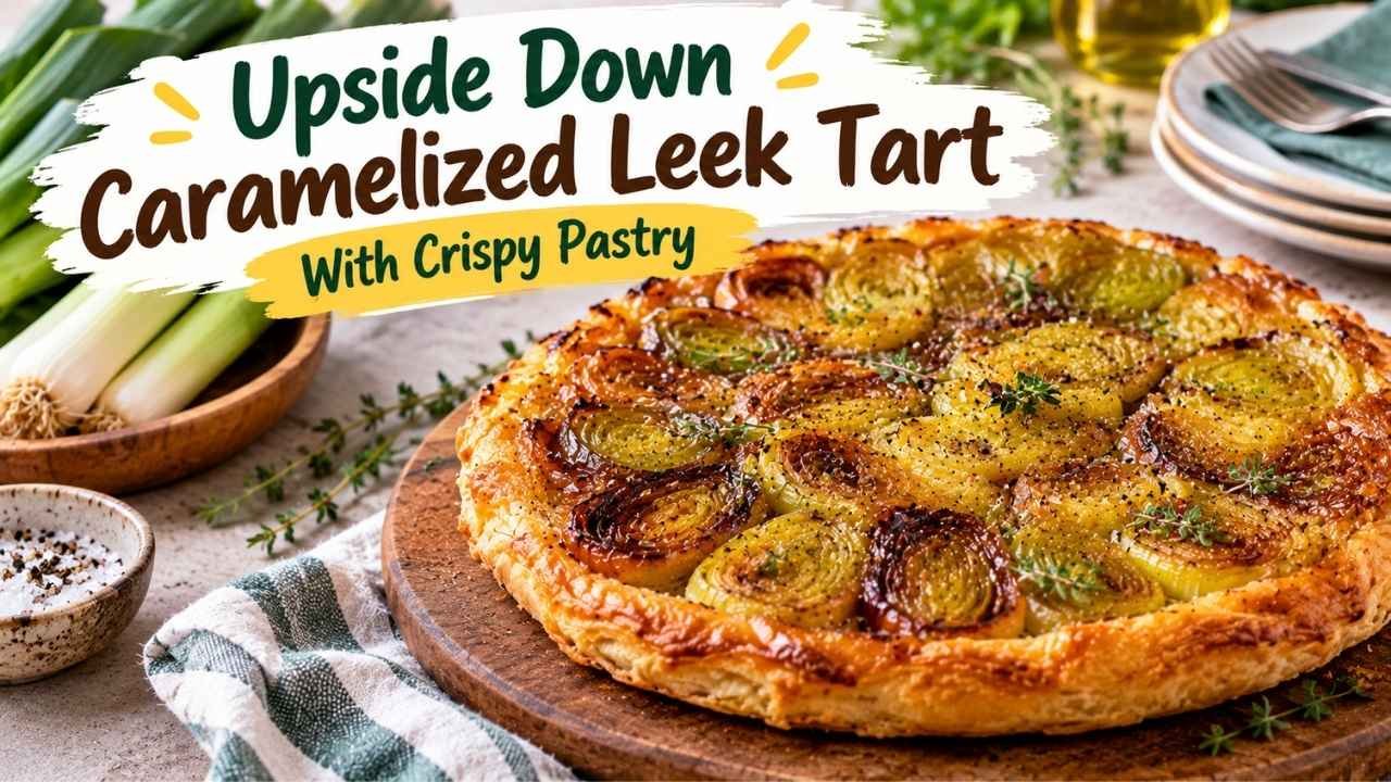 An Upside Down Caramelized Leek Tart is a simple yet impressive dish made with sweet, tender leeks and golden, flaky puff pastry.
